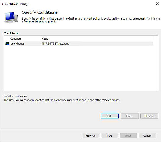 Screenshot of the NPS policy conditions configuration